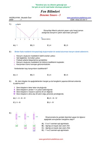 7.sınıf Fen Bilimleri Deneme - 3